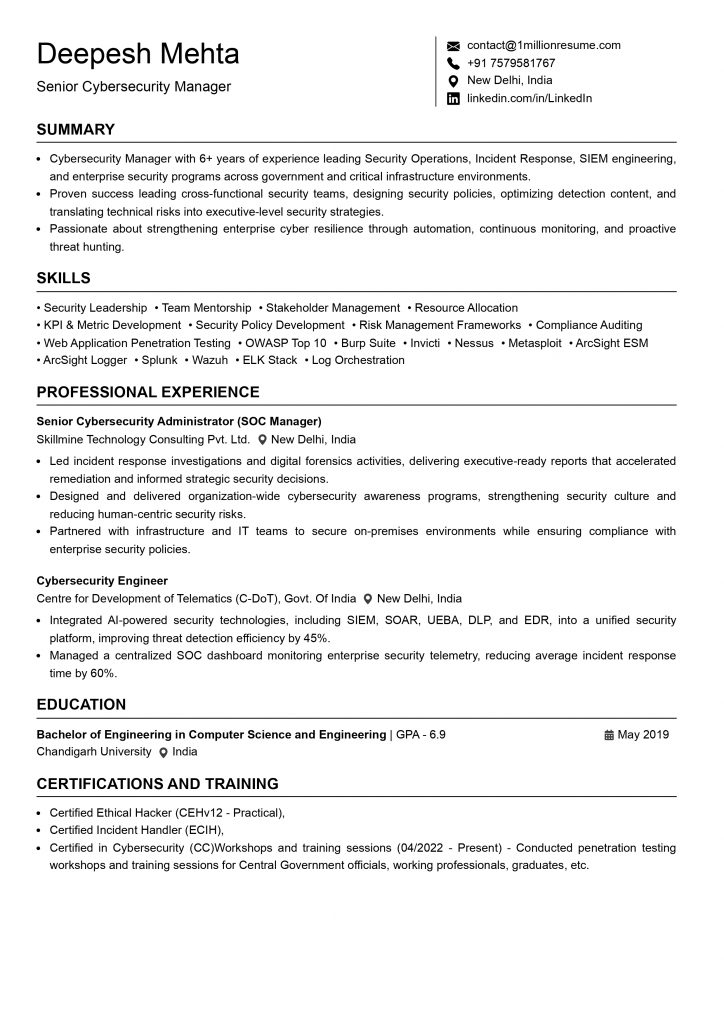 This image is showing Senior Cybersecurity resume example.