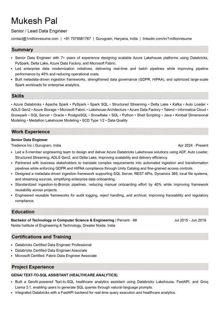 This image is showing Senior Data Engineer Resume Example
