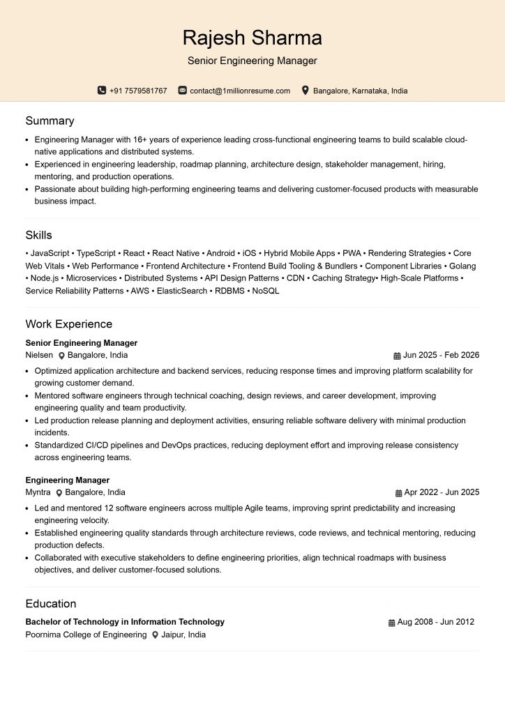 This image is showing Senior Engineering Manager Resume Example.