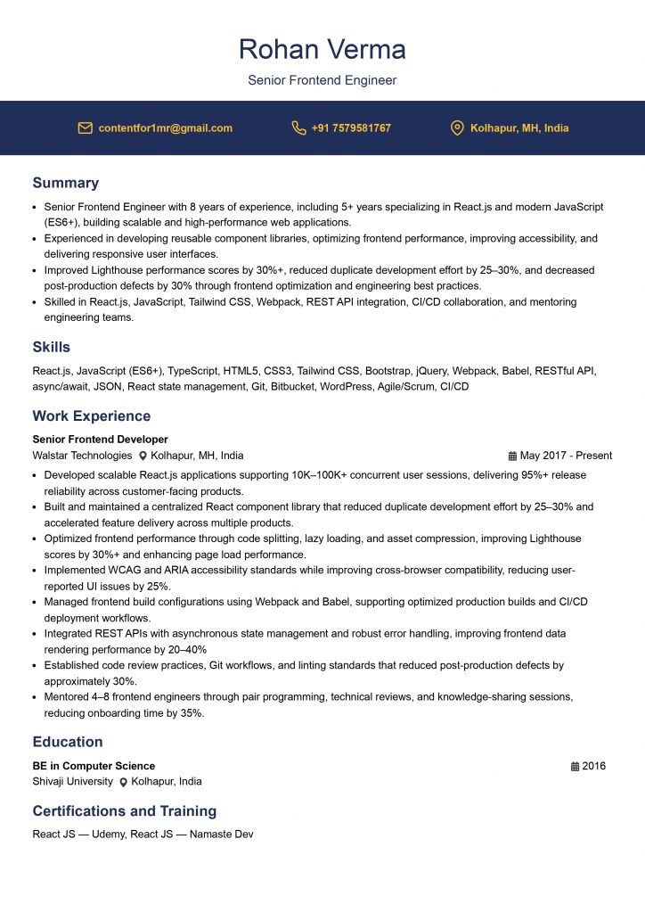 This image is showing Senior Frontend Engineer Resume Example