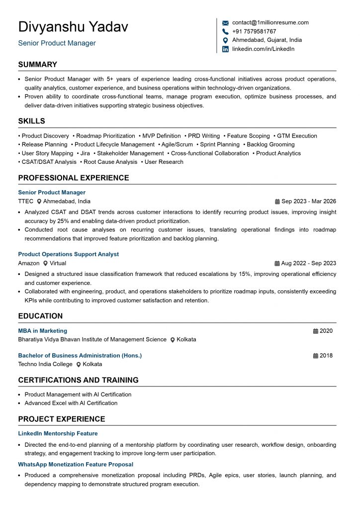 This image is showing Senior Product Manager Resume Example.