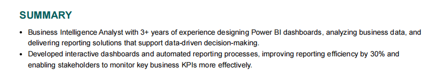 This image is showing Business Intelligence resume summary section.