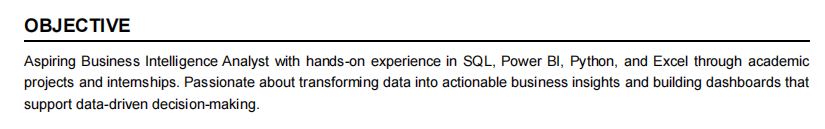 This image is showing Business Intelligence resume career objective section.