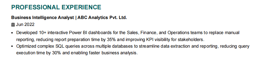 This image is showing Business Intelligence resume work experience section.