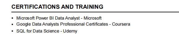 This image is showing Business Intelligence resume certification section.