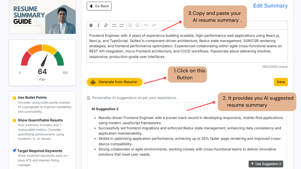 This image is showing AI Resume Summary tool.