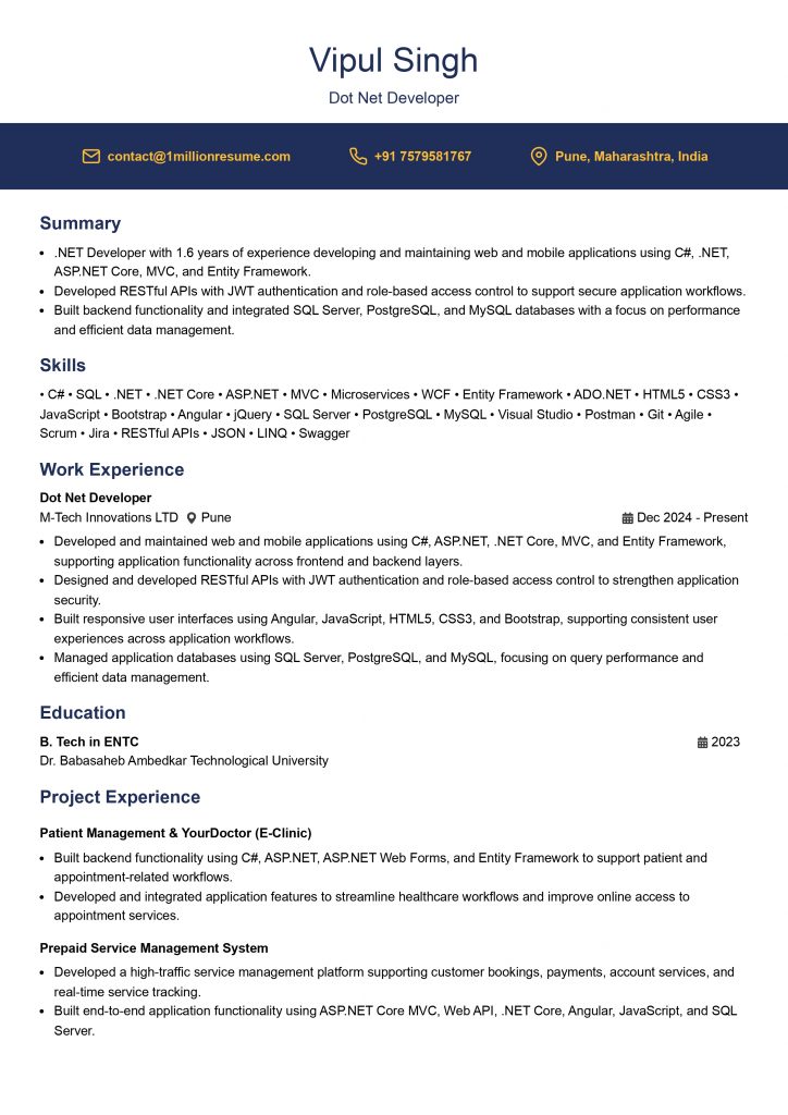 This image is showing Entry-Level Dot Net Developer Resume Example