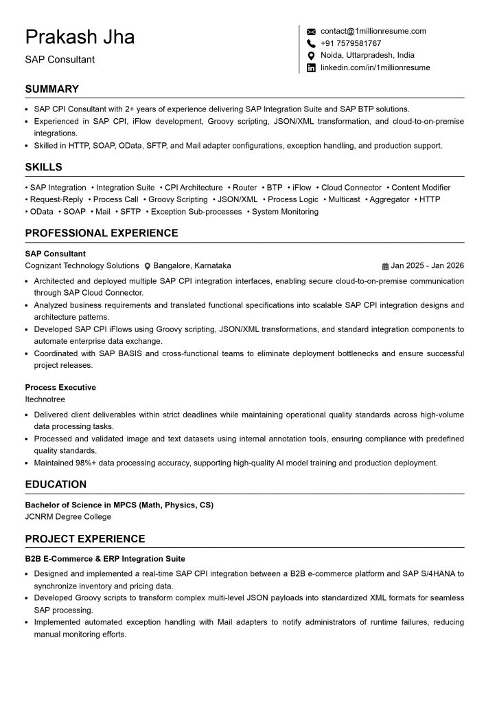 This image is showing Entry-Level SAP Consultant Resume Example