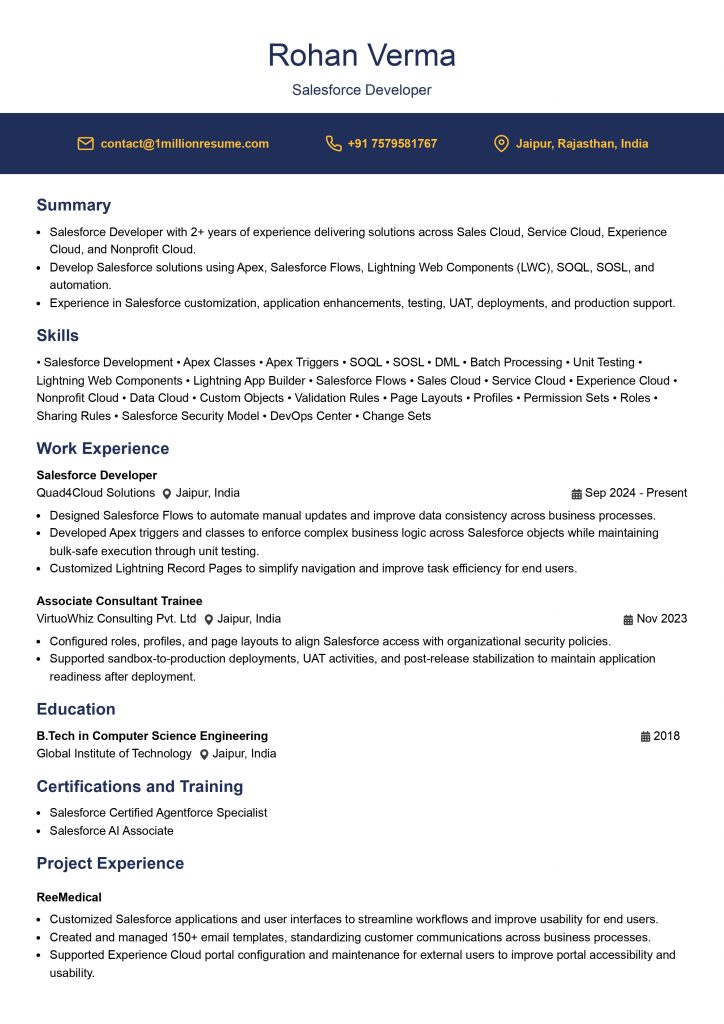 This image is showing Entry-Level Salesforce Developer Resume Example