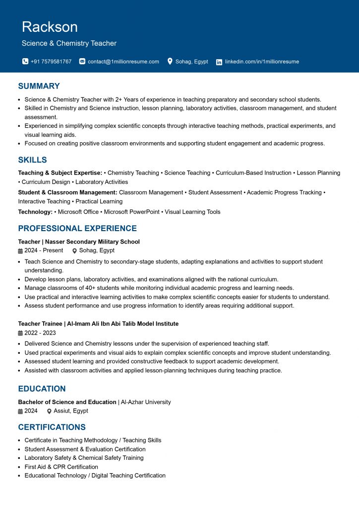 This image is showing Entry-Level Teacher Resume Example.