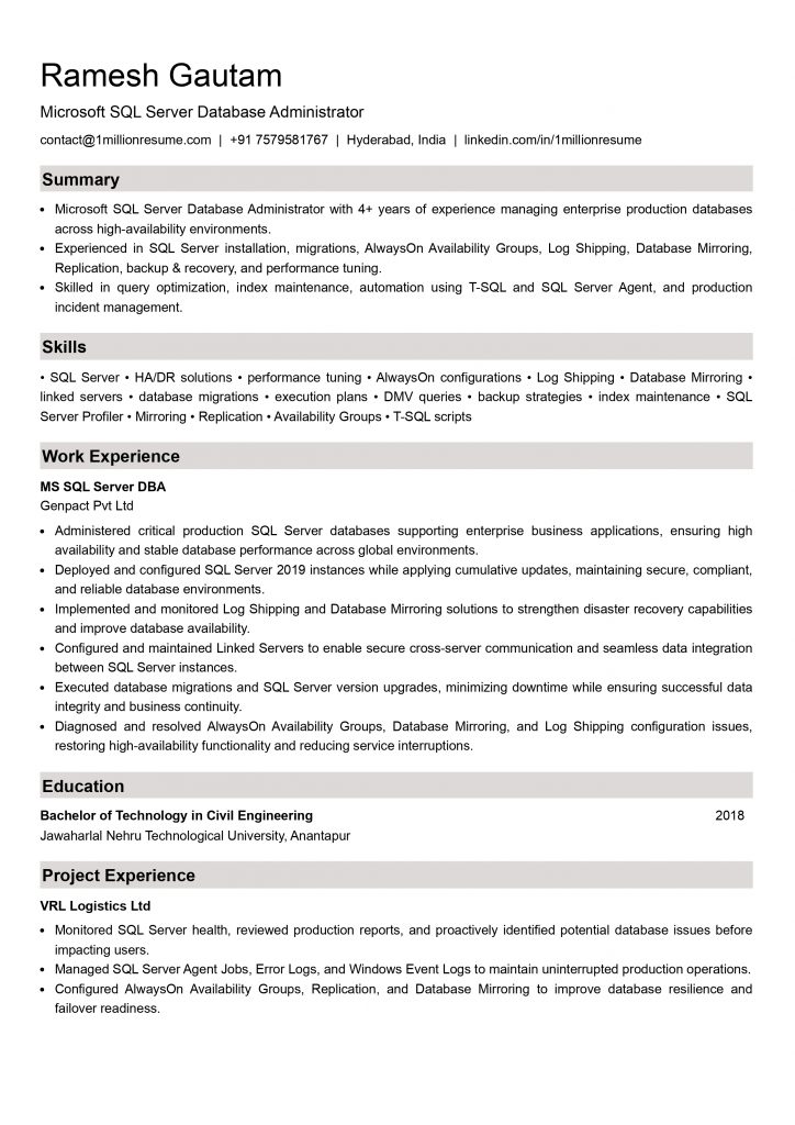This image is showing Mid-Level Database Administrator Resume Example.