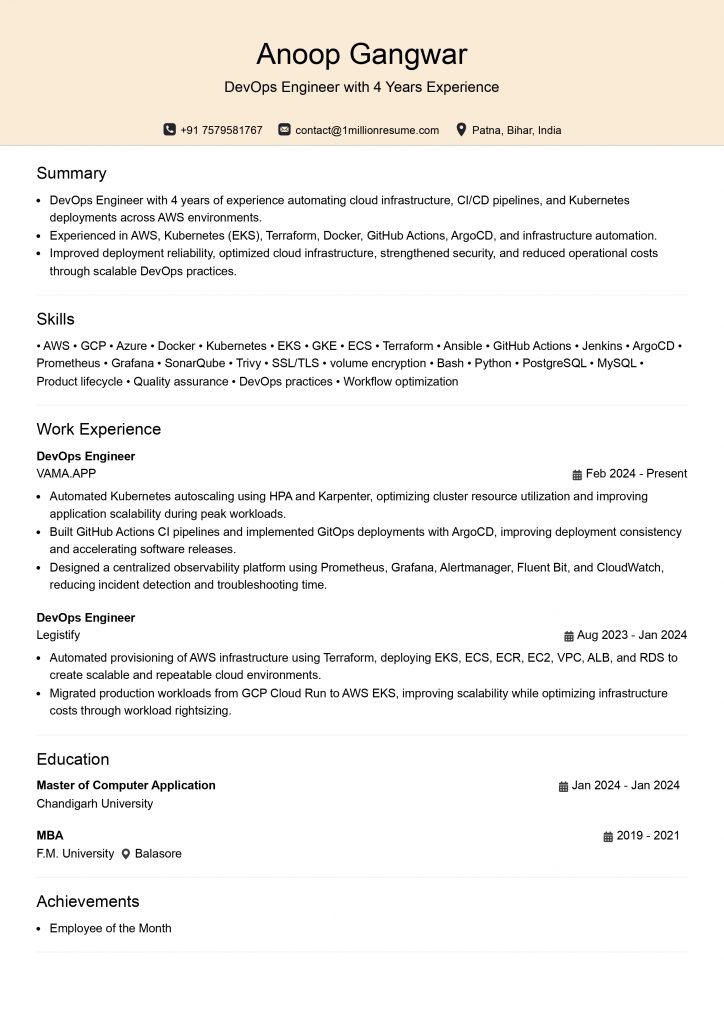 This image is showing Mid Level DevOps Engineer Resume Example