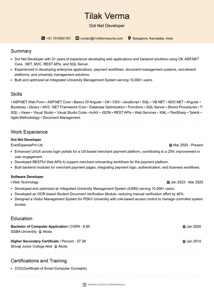 This image is showing Mid-Level Dot Net Developer Resume Example