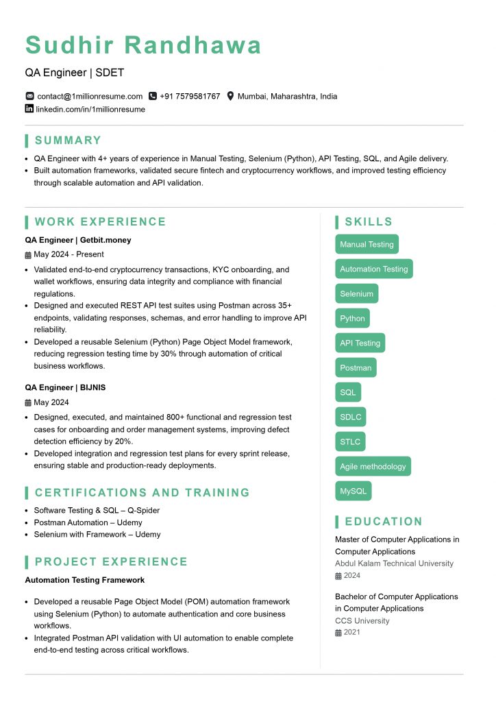 This image is showing Mid-Level QA Engineer Resume Example.