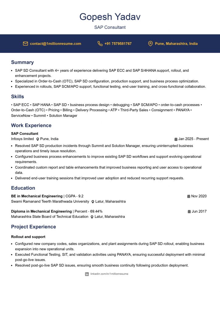 This image is showing Mid-Level SAP Consultant Resume Example