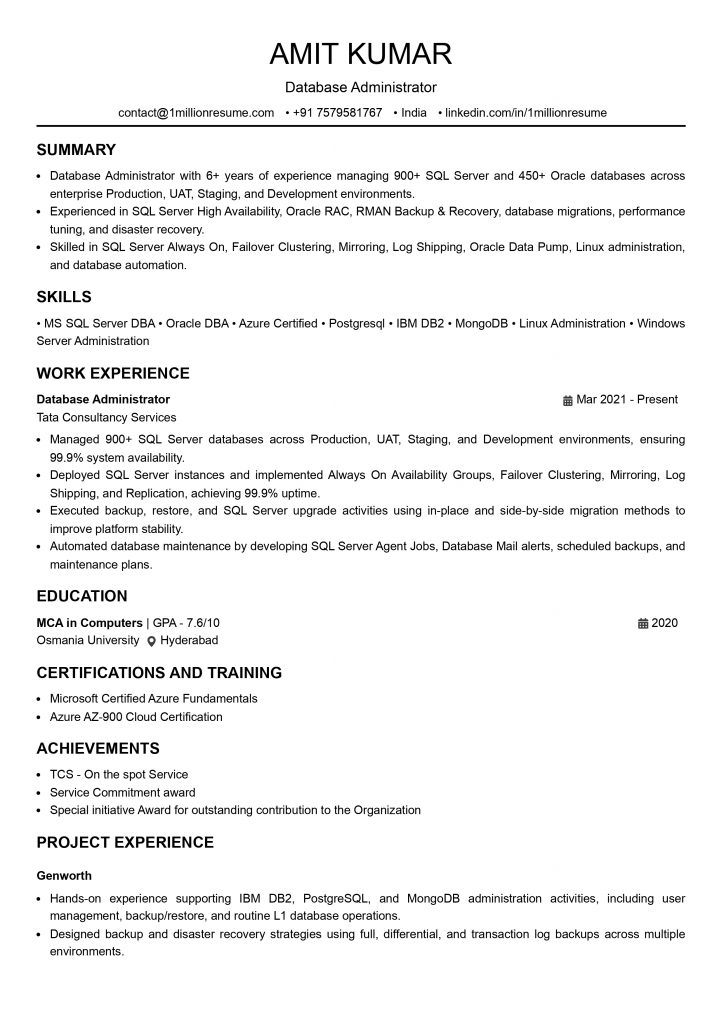 This image is showing Senior Database Administrator Resume Example