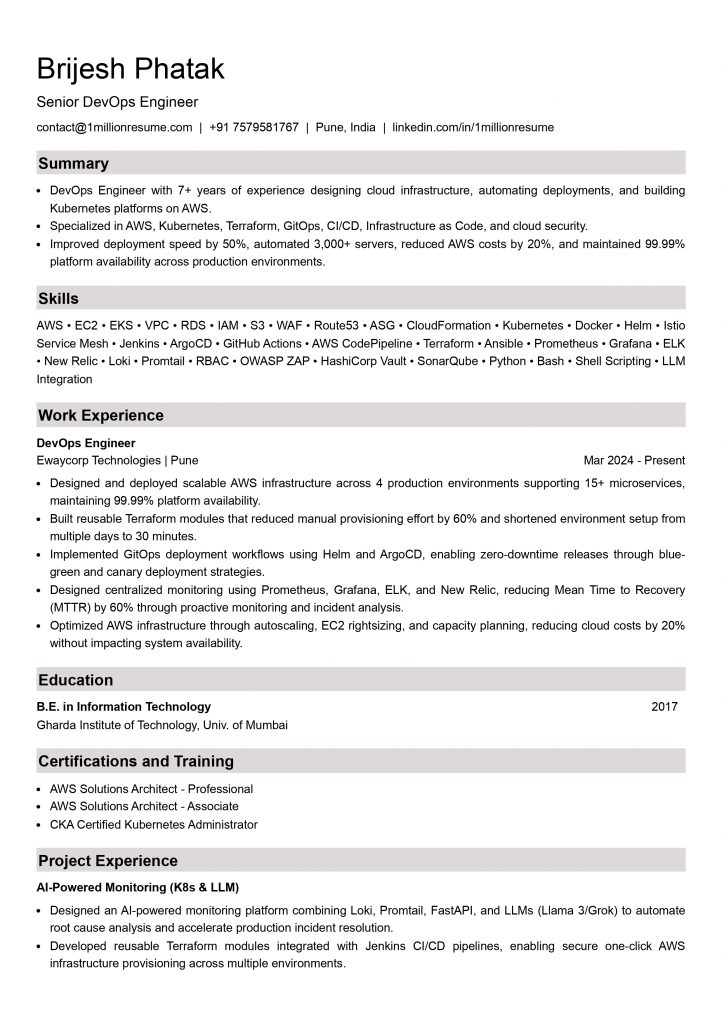 This image is showing Senior DevOps engineer Resume Example.