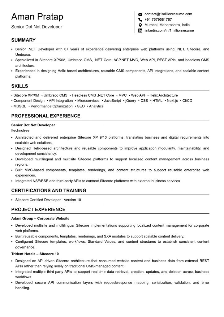 This image is showing Senior Dot Net Developer Resume Example 
