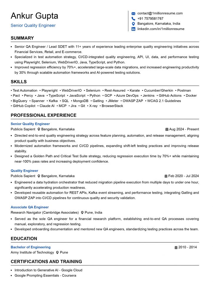 This Image is showing Senior QA Engineer Resume Example.