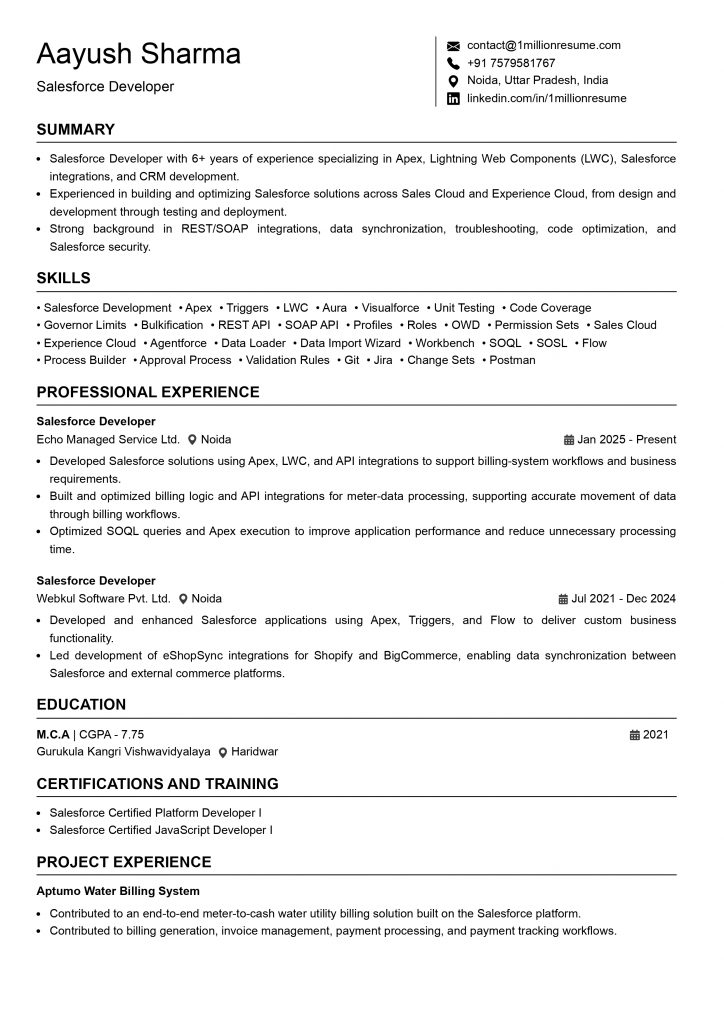 This image is showing Senior Salesforce Developer Resume Example