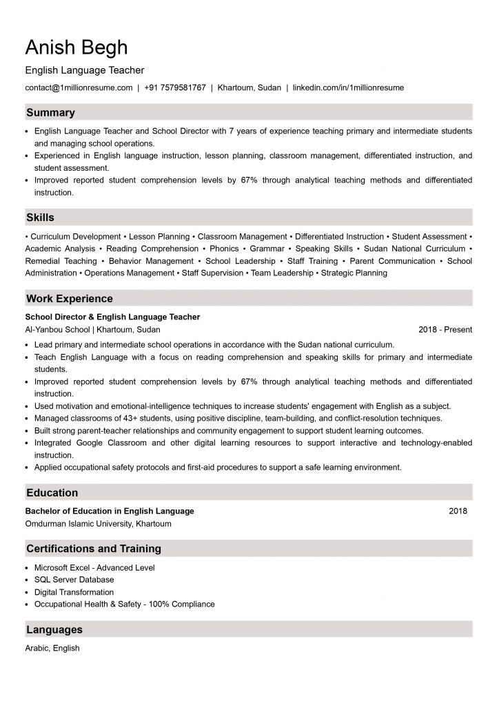 This image is showing Senior Teacher Resume Example.