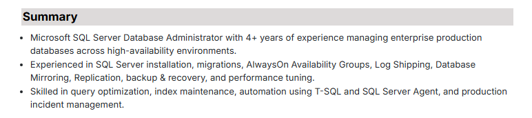 This image is showing Resume Summary