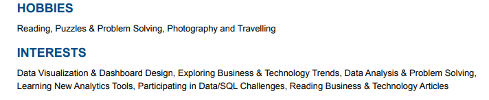 this image is showing Hobbies & Interests Section 