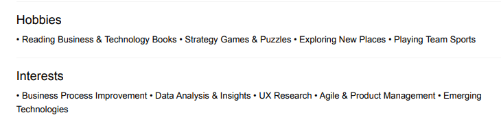 This image is showing Hobbies & Interests Section.