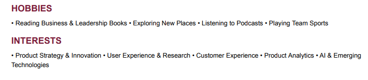 This image is showing Hobbies & Interests Section.