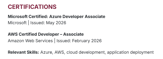 This image is showing Software engineer resume certification section.