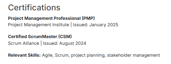 This image is showing project manager resume certification section.
