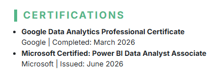 This image is showing Data Analyst resume Certification section