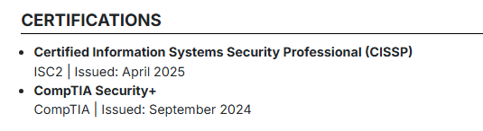 This image is showing Cybersecurity Resume Certification section. 