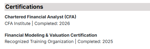 This image is showing Finance resume Certification section.