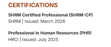 This image is showing HR Resume certification section
