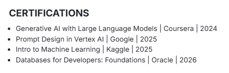 This image is showing Backend Engineer resume certification section
