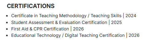 This image is showing Teacher Resume Certification Section.