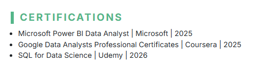 This image is showing Business Intelligence Resume Certification Section