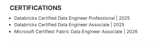 This image is showing Data Engineer Resume Certification Section 