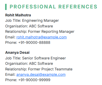 This image is showing Resume References for a Software Engineer.