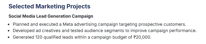 This image is showing Selected Marketing Projects 
