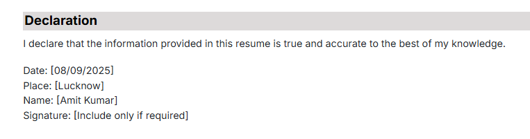 This image is showing Resume Declaration Section
