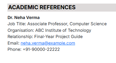 This image is showing Resume References for Freshers 