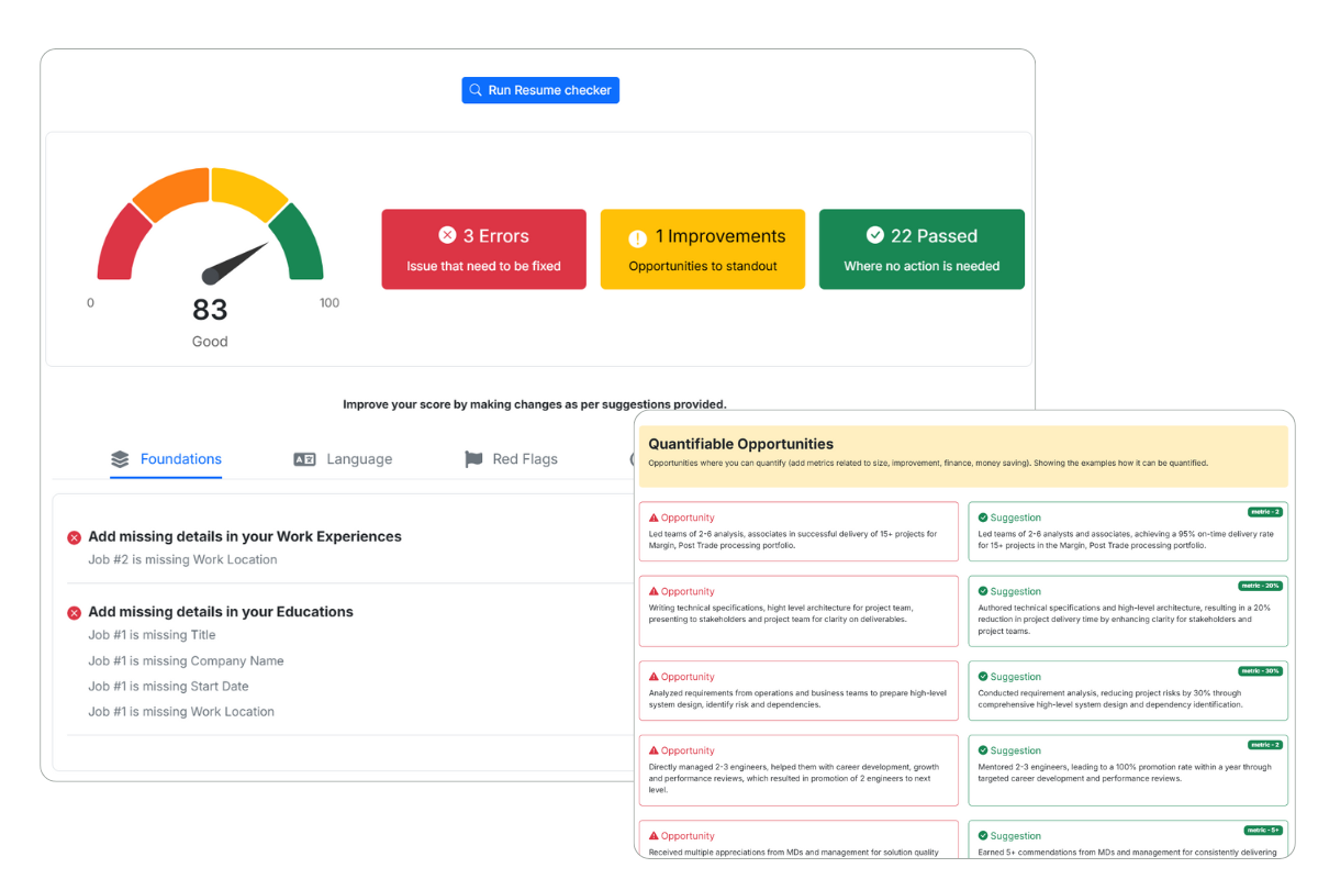 Screenshot of free resume checker results highlighting mistakes and opportunities for improvement