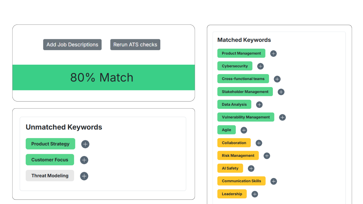resume and job description matching tool showing ats keywords matched and missing in your resume